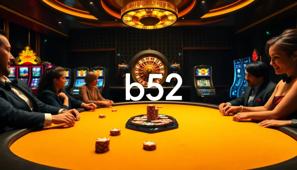 Players experience the thrill of gambling at a luxurious poker table with b52 chips and cards.