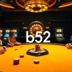 Players experience the thrill of gambling at a luxurious poker table with b52 chips and cards.