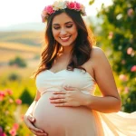 Schwangerschaftsfotografie einer werdenden Mutter in einer blühenden Naturkulisse.