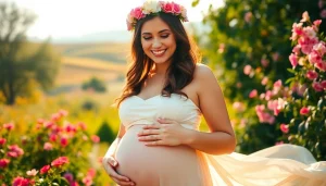 Schwangerschaftsfotografie einer werdenden Mutter in einer blühenden Naturkulisse.