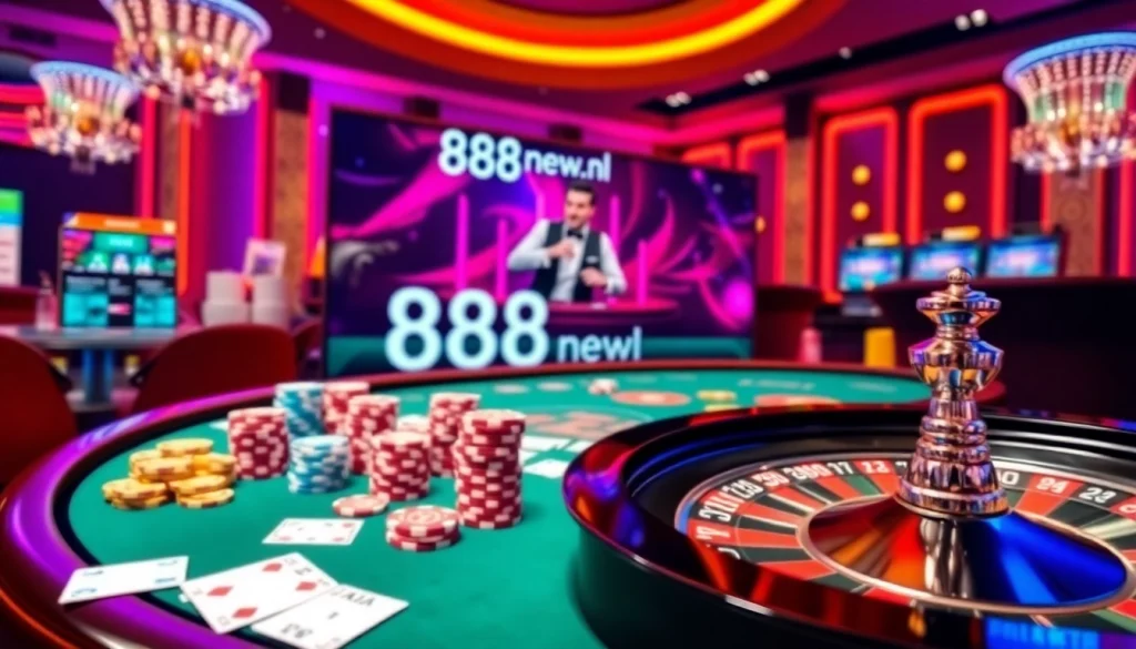 Experience thrilling gaming at 888new.nl with colorful casino tables, cards, and vibrant betting slips.