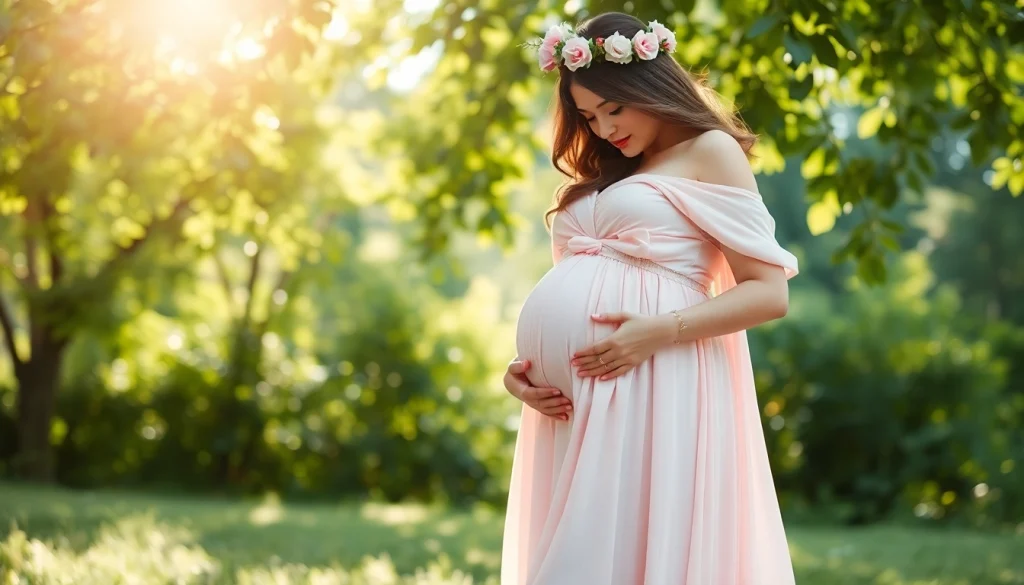Schwangerschaftsfotografie einer schwangeren Frau in einem idyllischen Outdoor-Setting mit sanfter natürlicher Beleuchtung.