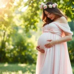 Schwangerschaftsfotografie einer schwangeren Frau in einem idyllischen Outdoor-Setting mit sanfter natürlicher Beleuchtung.