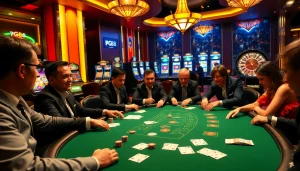Exciting poker action at a PG88 casino gaming table with colorful chips and warm lighting