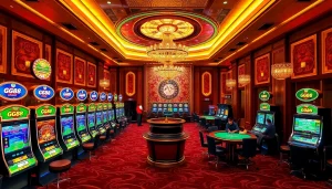 Players enjoying GG88-themed slot machines in a luxurious casino setting.