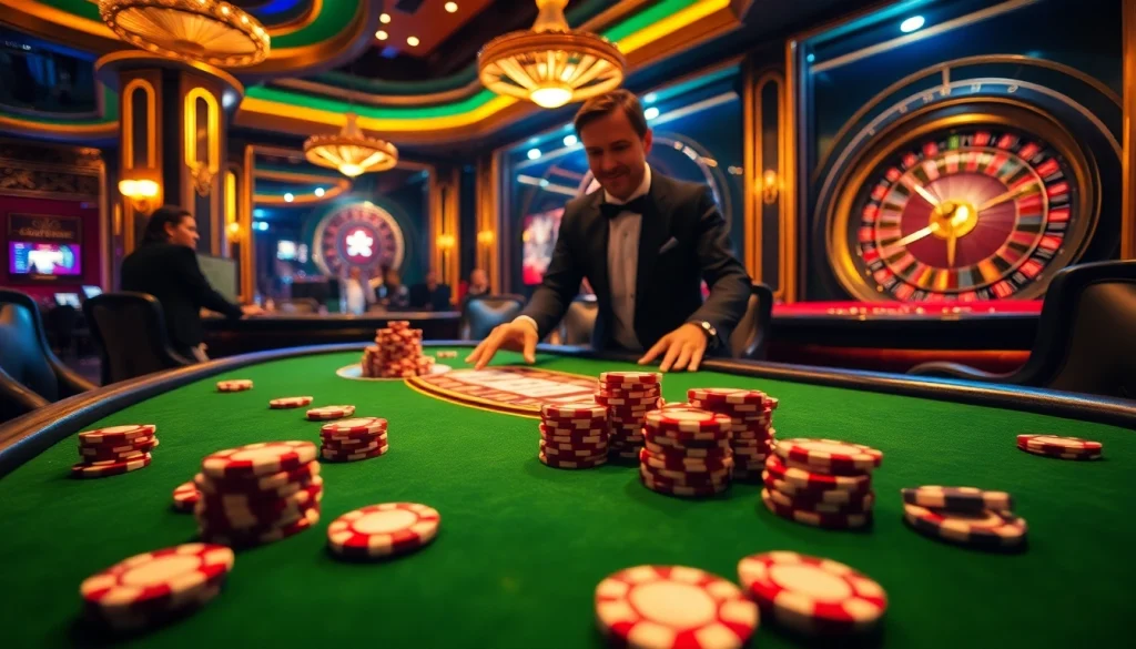 Exciting poker game at MV88 casino, featuring dealers and high-stakes chips under vibrant lighting.