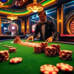 Exciting poker game at MV88 casino, featuring dealers and high-stakes chips under vibrant lighting.