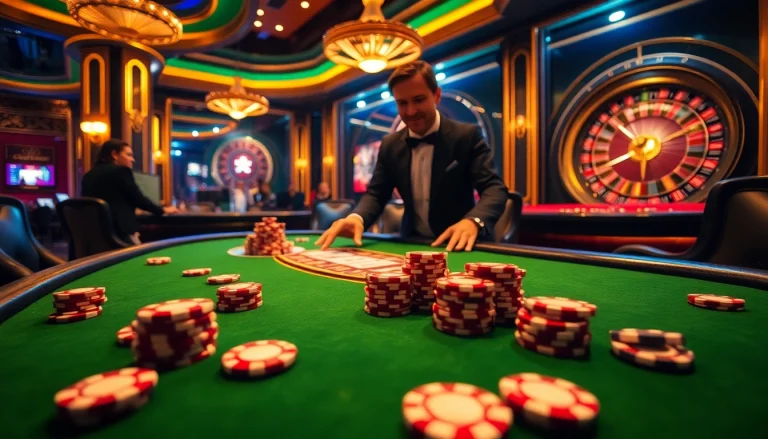 Exciting poker game at MV88 casino, featuring dealers and high-stakes chips under vibrant lighting.