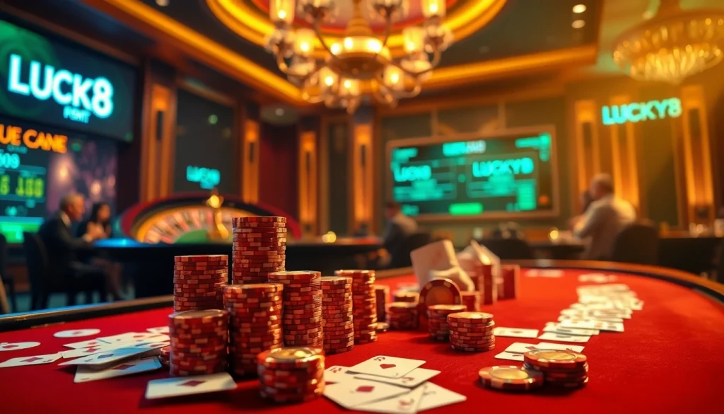 Đặt cược tại LUCK8、LUCKY8 trong một casino sang trọng với bài và chip