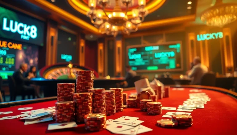 Đặt cược tại LUCK8、LUCKY8 trong một casino sang trọng với bài và chip