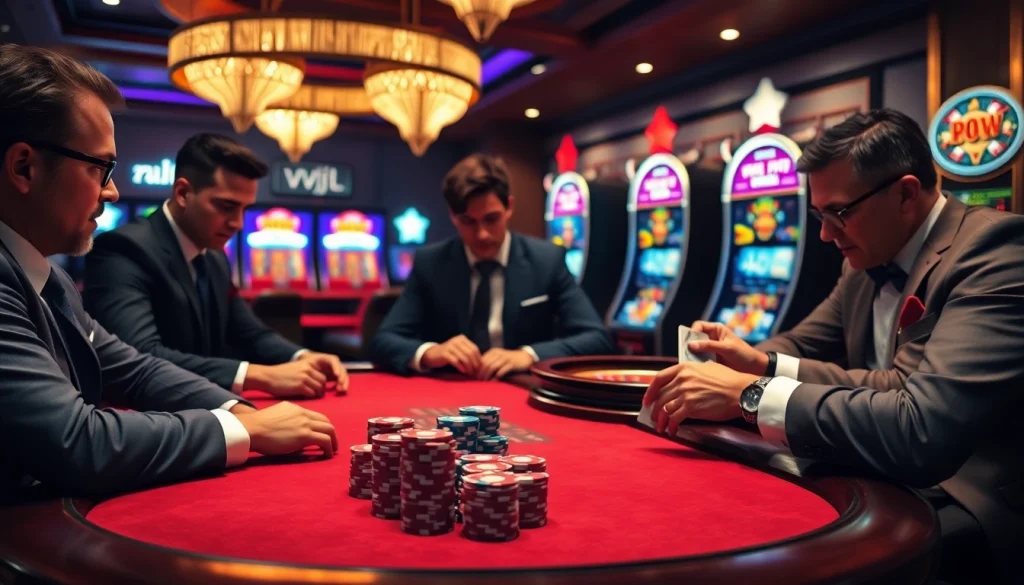 Players engaged in a thrilling game at a vvjl casino table with vibrant chips and a roulette wheel.