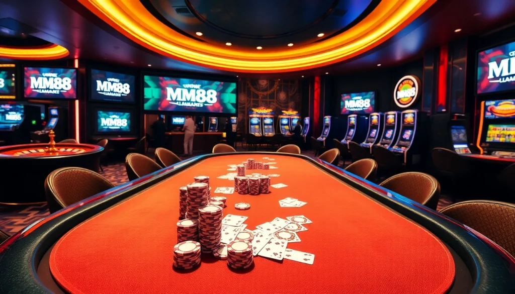 Experience thrilling moments at MM88 casino tables with professional gamblers and vibrant slot machines.