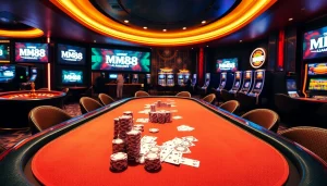 Experience thrilling moments at MM88 casino tables with professional gamblers and vibrant slot machines.