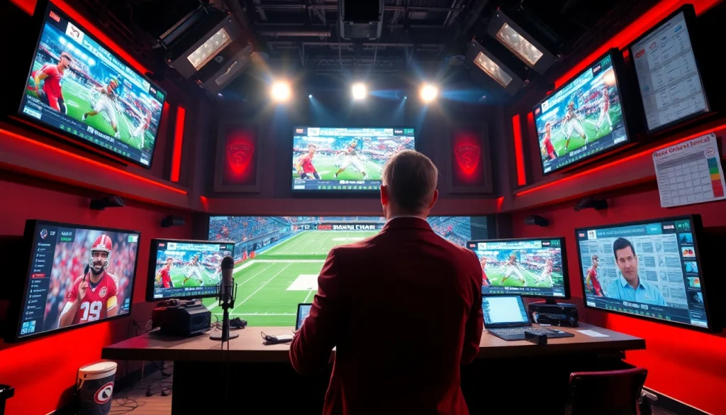Engaging scene of sports broadcasting with a host delivering live updates in a dynamic studio.