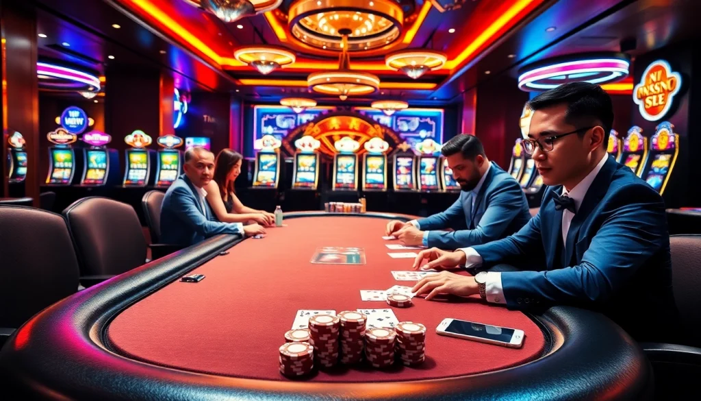 Engage with hướng dẫn 68win at a professional poker table surrounded by vibrant gambling elements.