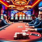 Engage with hướng dẫn 68win at a professional poker table surrounded by vibrant gambling elements.