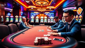 Engage with hướng dẫn 68win at a professional poker table surrounded by vibrant gambling elements.