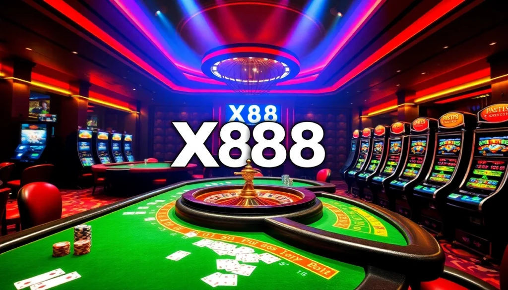 X88 casino atmosphere featuring poker tables and roulette wheels in a luxurious setting.