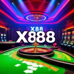 X88 casino atmosphere featuring poker tables and roulette wheels in a luxurious setting.