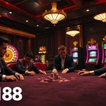 Players engaging intensely at a high-stakes casino table featuring MM88, highlighting luxury and excitement.