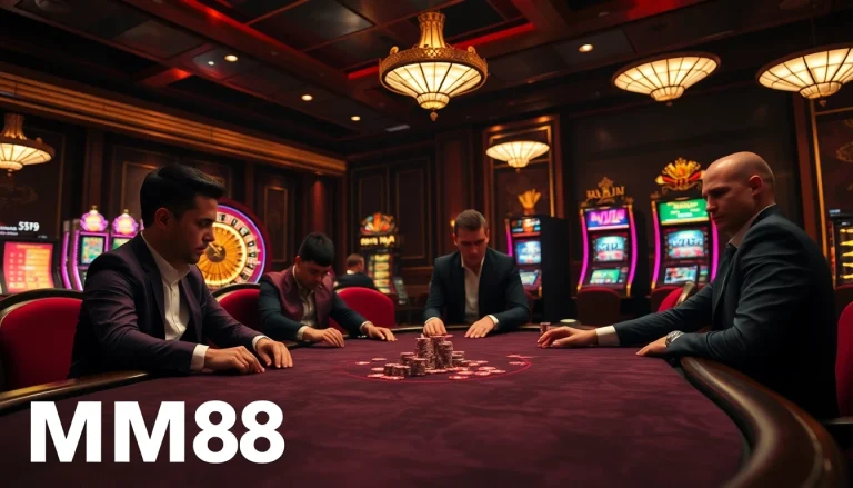 Players engaging intensely at a high-stakes casino table featuring MM88, highlighting luxury and excitement.
