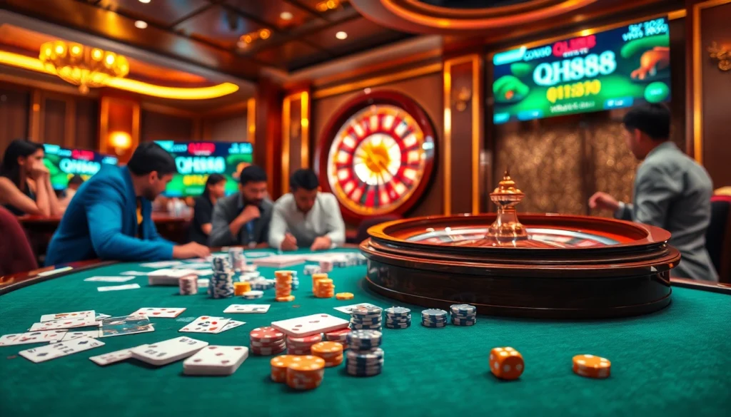 Players enjoying a thrilling game at qh88's vibrant casino table with chips and cards.