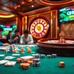 Players enjoying a thrilling game at qh88's vibrant casino table with chips and cards.