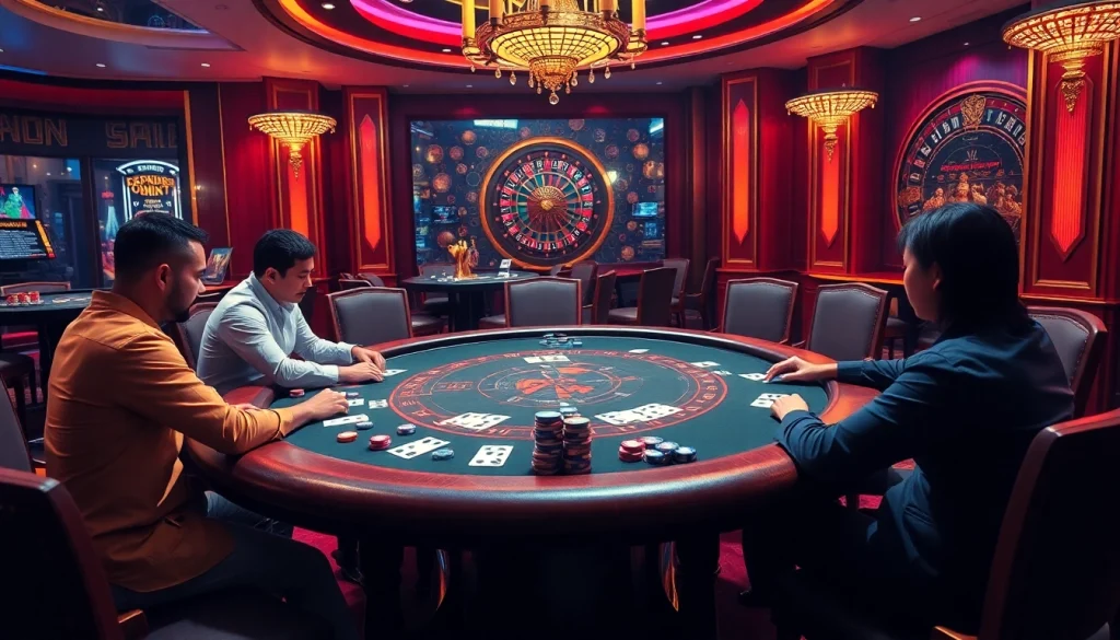 Experience the excitement of game bài đổi thưởng at a luxurious poker table with vibrant decor.
