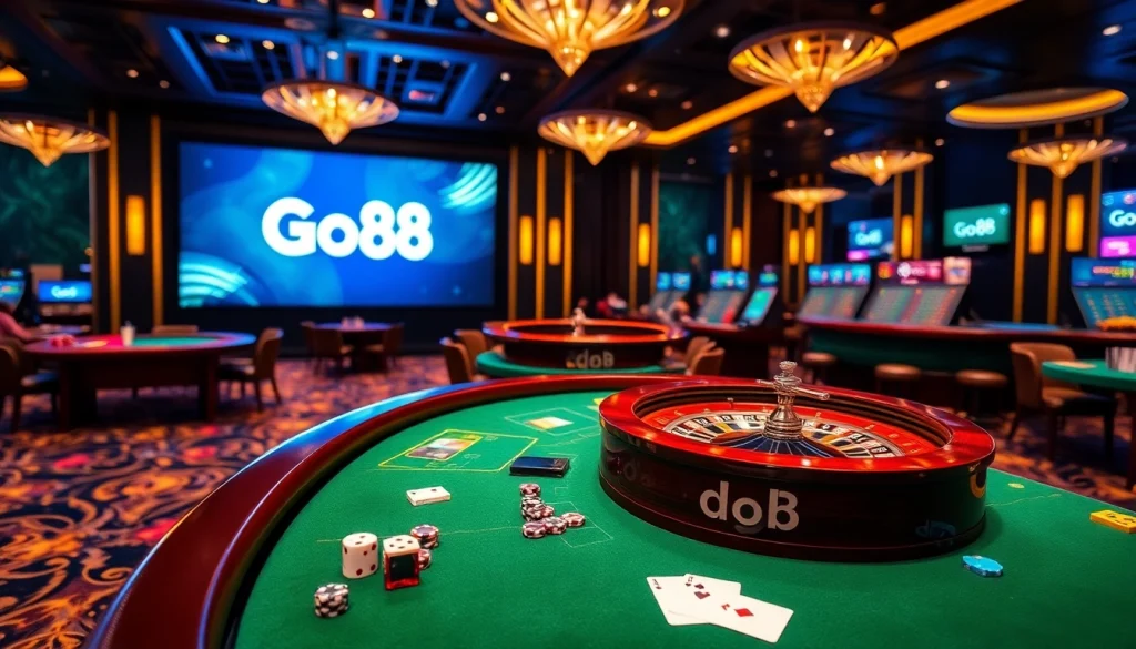 Go88 logo shines on a luxury casino floor with poker chips and cards.