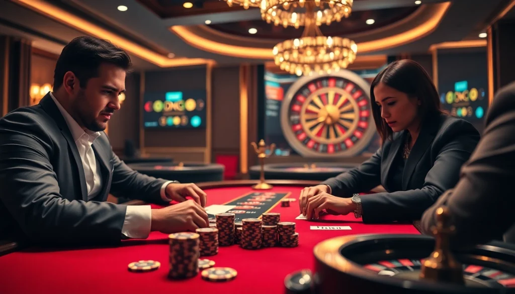 High-stakes poker game scene showcasing players and betting interfaces from https://kjcmh.com/ in a luxurious casino setting.