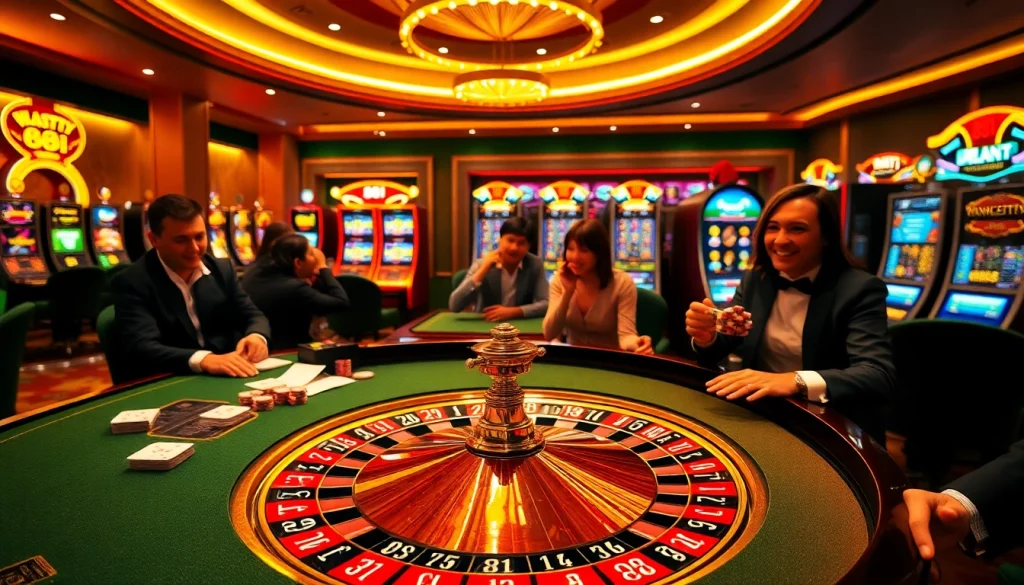 Players enjoy a thrilling game at the luxurious 88i casino table with poker chips and cards.