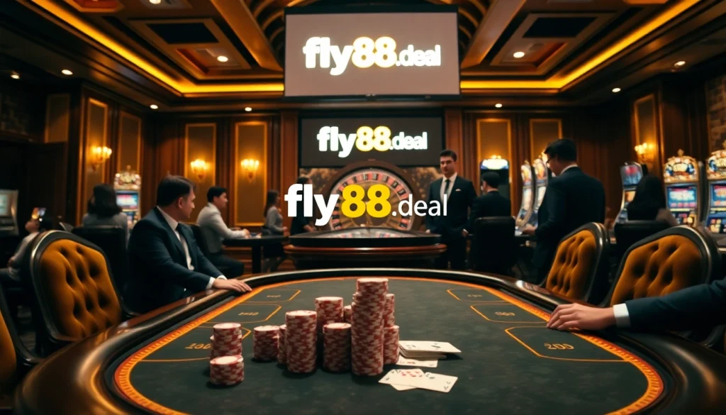 Experience the thrill of winning at fly88.deal with our luxurious casino atmosphere featuring poker tables and roulette wheels.