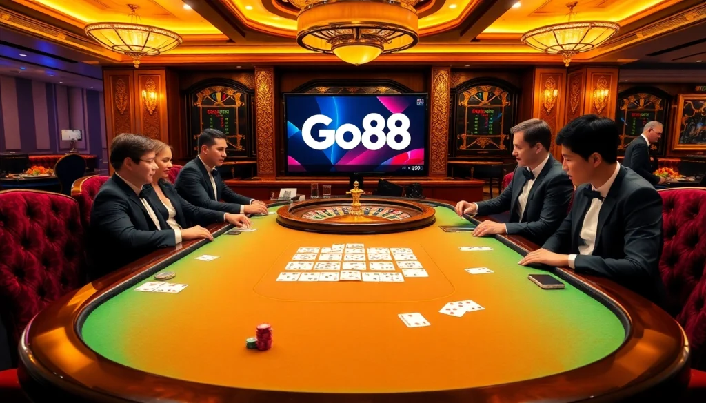 Engaged players at a Go88 poker table in a luxurious casino setting, showcasing high-stake chips and cards.