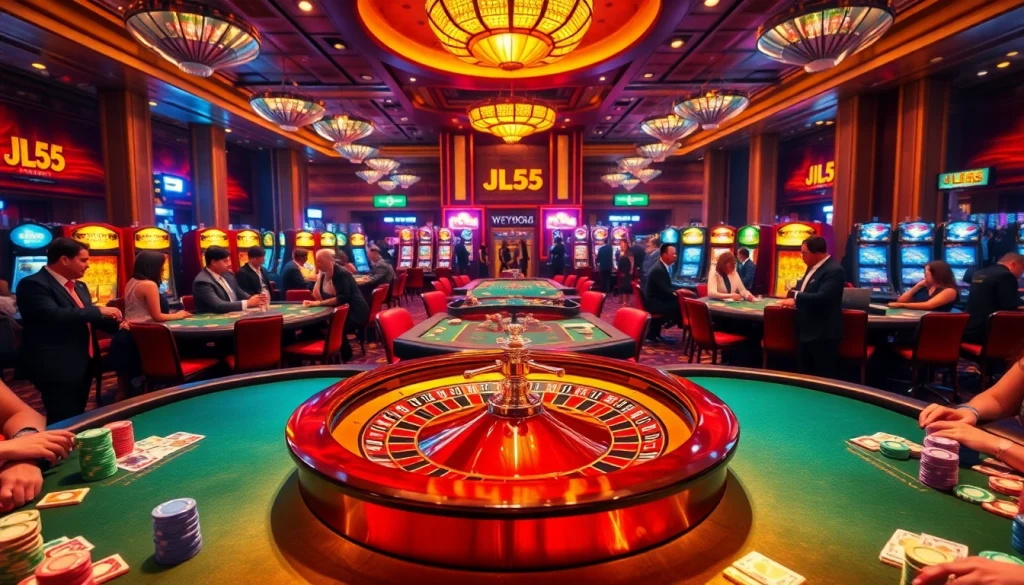 Experience the thrill of gambling at a luxurious casino featuring JL55-themed tables and vibrant slot machines.