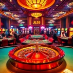 Experience the thrill of gambling at a luxurious casino featuring JL55-themed tables and vibrant slot machines.