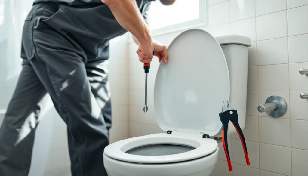 Plumber about to start toilet repair with tools on hand in a bright bathroom.