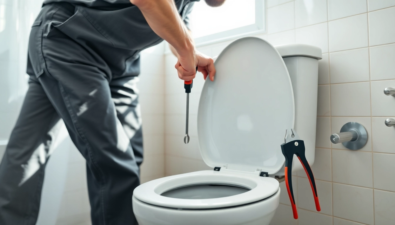 Plumber about to start toilet repair with tools on hand in a bright bathroom.