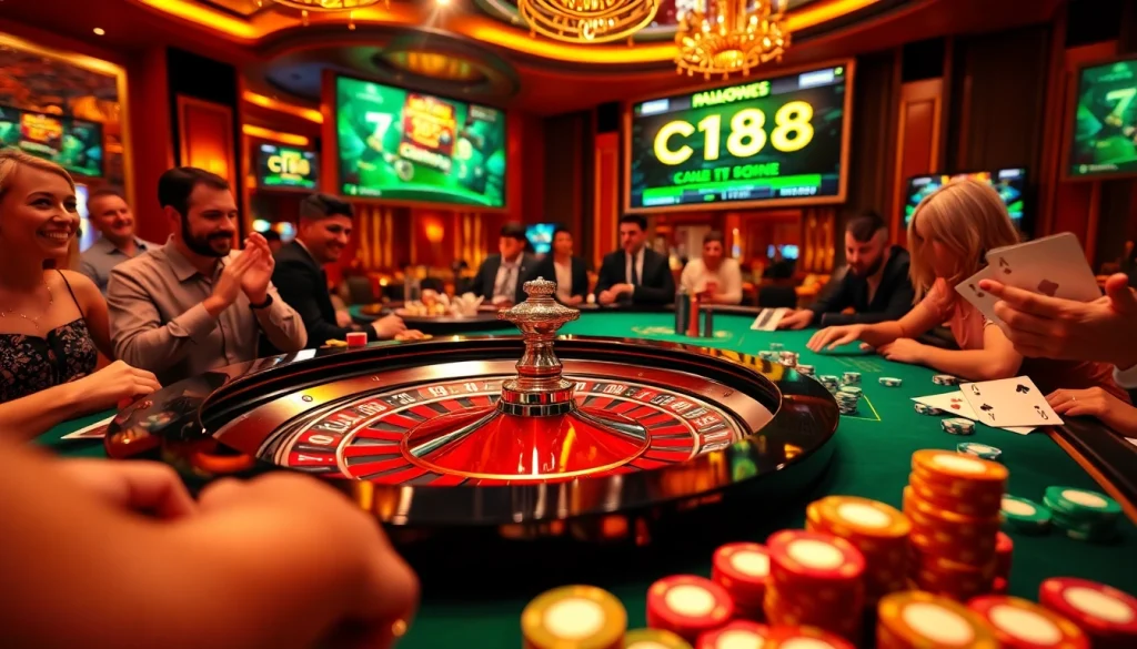 C168 casino scene showcasing roulette excitement with players and vibrant digital gaming.