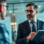 Headhunter Ingenieure im Gespräch mit einem Ingenieur in einem modernen Büro.