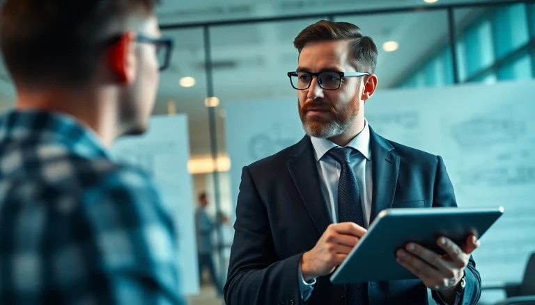 Headhunter Ingenieure im Gespräch mit einem Ingenieur in einem modernen Büro.