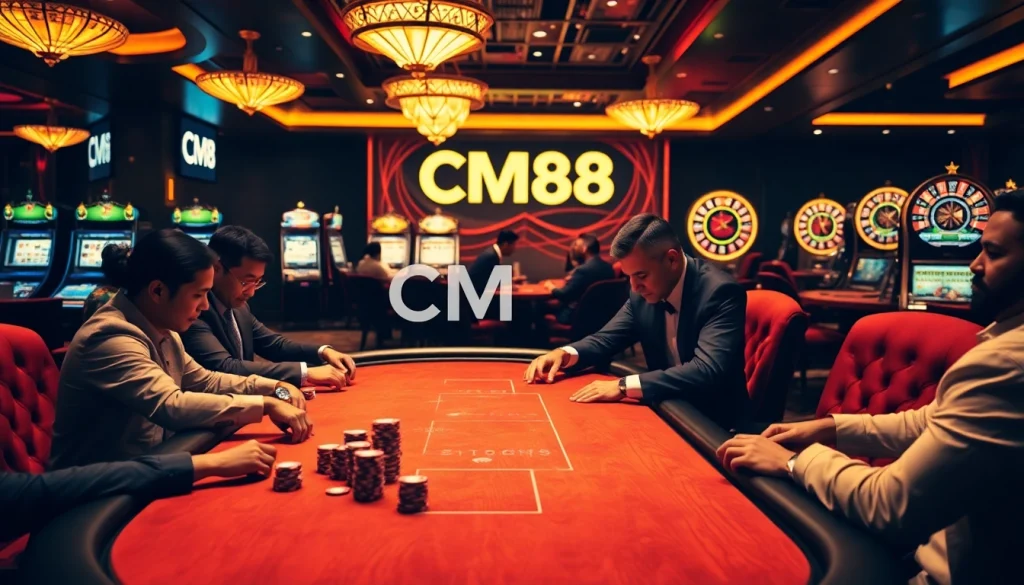 Players engaging in a high-stakes poker game at a CM88 casino table, showcasing intense focus and excitement.