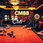 Players engaging in a high-stakes poker game at a CM88 casino table, showcasing intense focus and excitement.