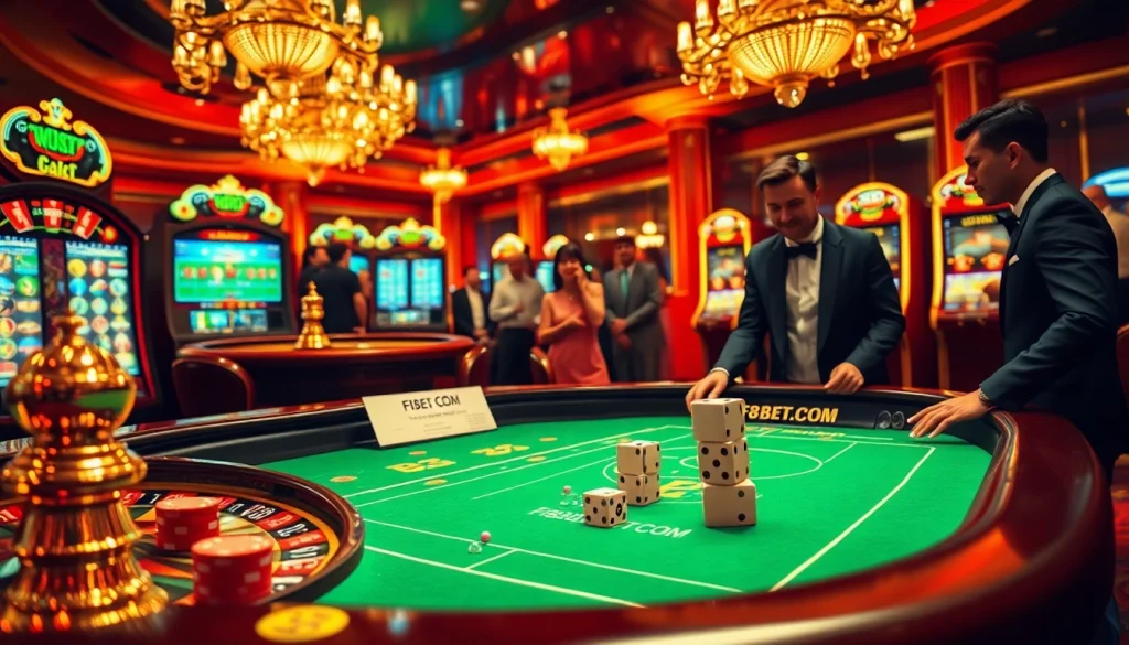Playing dice at an exciting casino scene, showcasing F8BET.COM with luxury elements.