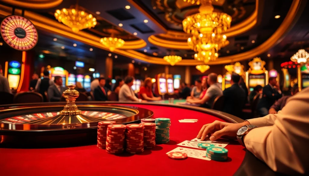 Experience the thrill of high-stakes gaming at https://nohu90me.com/ with vibrant casino scenes showcasing roulette and poker chips.