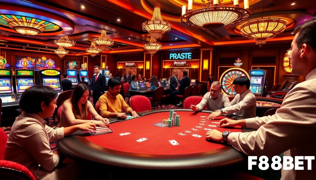 Players enjoy a thrilling poker game at F88BET casino with vibrant atmosphere and luxury.