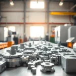 Präzise gefertigte cnc frästeile auf einem hellen Arbeitstisch, umgeben von Werkzeugen.