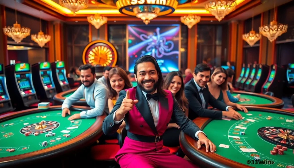 Excited players engaging in casino games at 33win, showcasing chips and cards during thrilling bets.