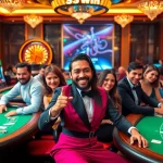 Excited players engaging in casino games at 33win, showcasing chips and cards during thrilling bets.