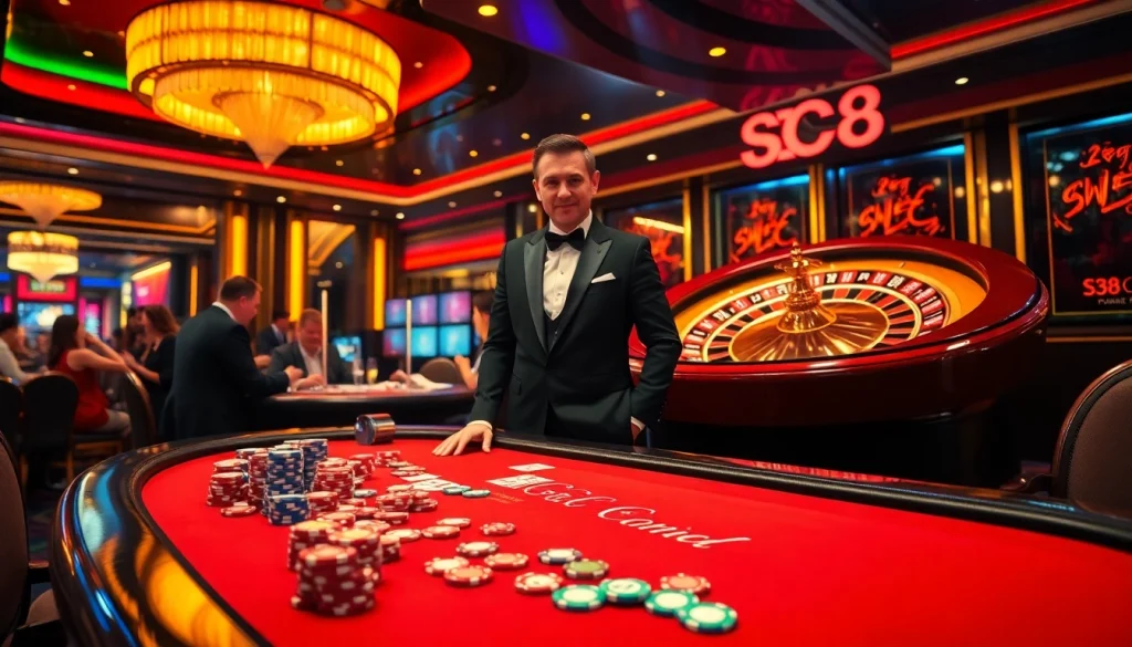 Players enjoying SC88-themed games at a luxurious casino table filled with colorful chips and cards.