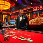 Players enjoying SC88-themed games at a luxurious casino table filled with colorful chips and cards.